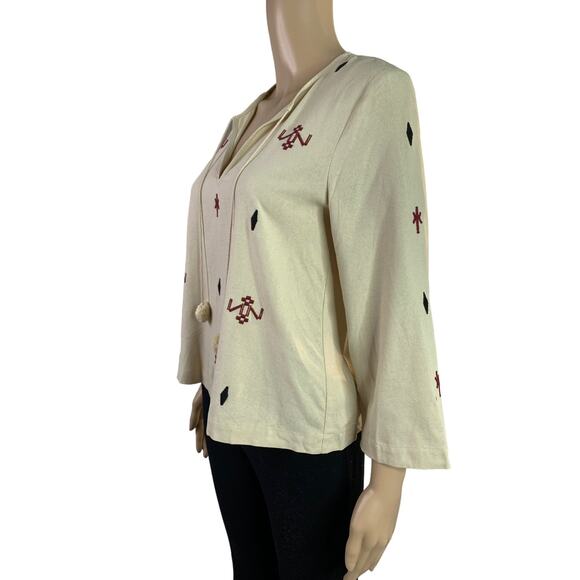 Madewell Women's Size XXS Blouse Ivory 100% Silk Embroidered Details Pom Pom Tie - Picture 7 of 10